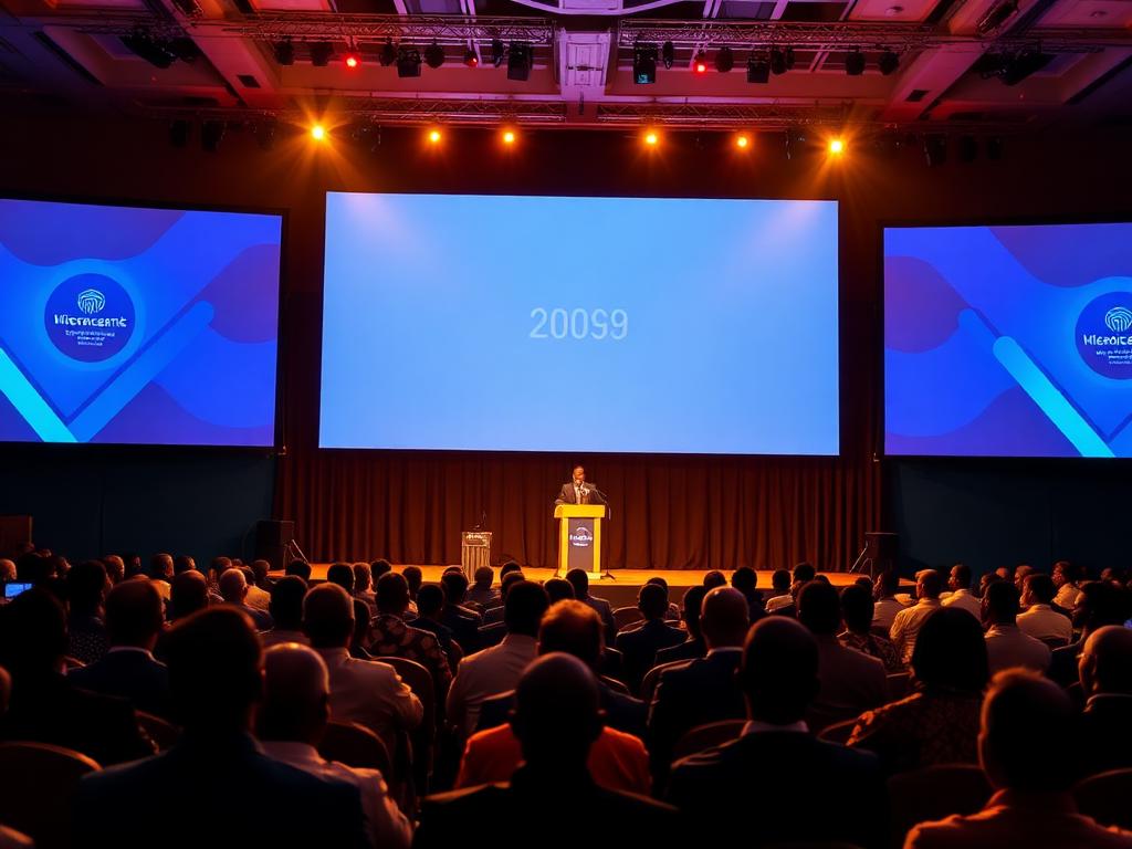 Conferences in Nigeria produced by POF Photo Video: Conference stage with LED screens and delegates in Abuja